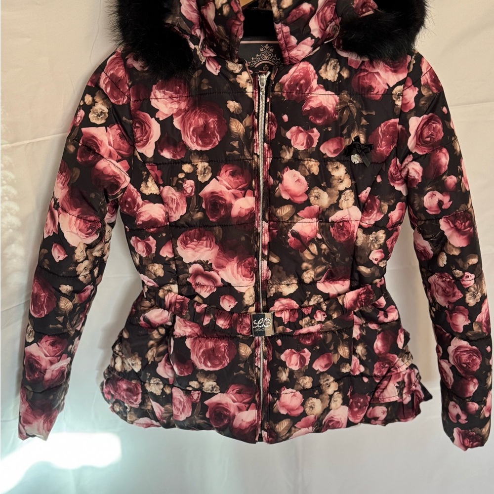Le Chic size 11/12 Glamorous Pink Floral Puffer Jacket with Black Faux Fur